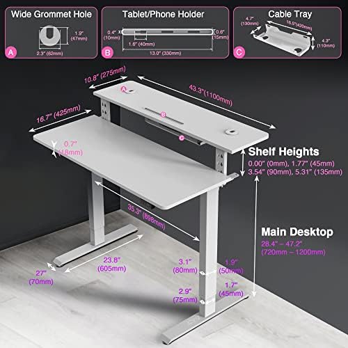 AVLT 47″ Electric Standing Desk with Dual-Tier Shelf & Tablet Holder White