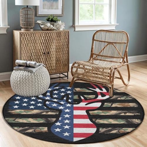 Circular Rugs Large Modern Round Area Rug Fashion Decor Mat for Home Office Camo Deer Hunting Camouflage USA Flag