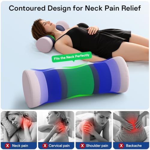 Neck Roll Pillow - Cooling Cover Round Neck Pillow for Sleeping - Memory Foam Cervical Roll Pillow - Ergonomic Bolster Pillow for Neck, Leg, Back, Yoga, Relaxing (Blue Purple)