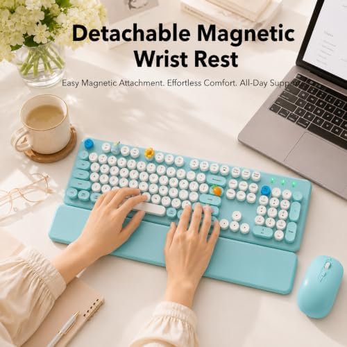 Wireless Keyboard and Mouse Combo, Pale Turquoise, Magnetic Wrist Rest