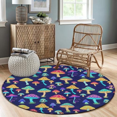 Men's Large Home Decor Mat, Soft Round Yoga Carpet, Non Slip Machine Washable Home Office Circle Rug Trippy Colorful Neon Mushrooms, 24inch
