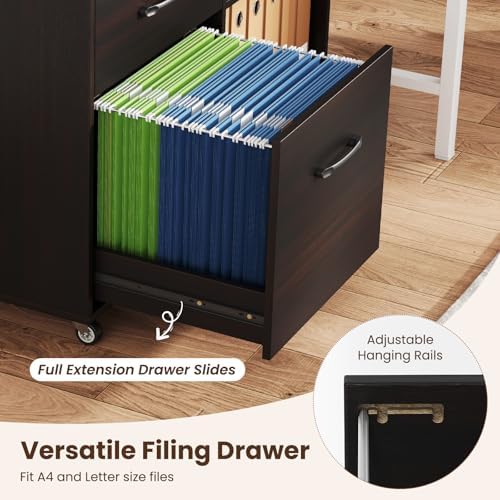 Giantex 3-Drawer Mobile File Cabinet, Rolling Printer Stand with Open Storage Shelves, Under Desk Lateral Filing Cabinet for Letter/A4 Size, Wooden Office Organizer with Wheels for Home Office (Brown)