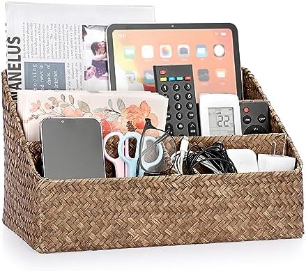 BTSKY Woven Storage Basket, Seagrass Desk Organizer with 4 Compartments