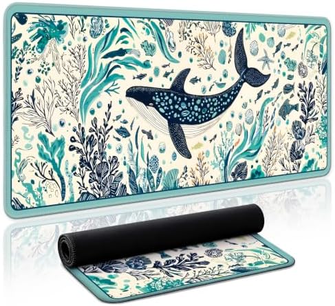 Aesthetic Desk Mat, Cute Drifting Whales Desk Pad Protector for Work & Decor, 31.5" x 11.8", Pretty Non-Slip Extended Mouse Pad for Office or Home