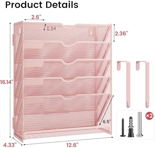 Pink Desk Organizer, Hanging Wall File Organizer with 6 Tiers