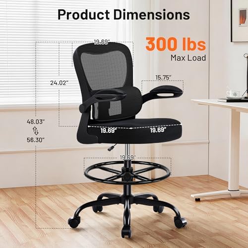 AreShark Drafting Chair - Ergonomic Tall Office Chair with Lumbar Support and Flip-up Armrests - High Standing Desk Chair Breathable Mesh with Adjustable Footrest Ring and Height for Home Office