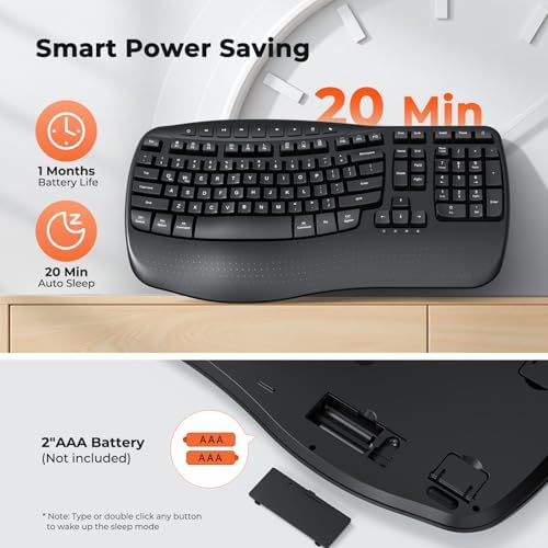 Doci Wireless Ergonomic Keyboard, Wave Keys Wrist Rest Natural Typing Keyboard, 2.4G USB-A Cordless Receiver and USB-C Adapter, Ergo Computer Keyboard, Windows/Mac/PC/Laptop, Black