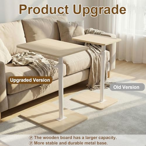 YUHFERA Sofa Armrest Tray Table for Couch - 360 Swivel Height Adjustable End Table for Small Spaces, Snack Side Table for Bed or Chair with Phone & Tablet Slot (Oak, Enlarged)