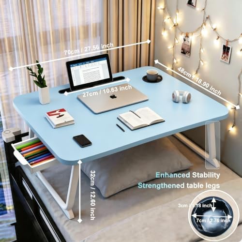 27.6" Home Office Folding Lap Desk with Drawer, Tablet Slot, Cup Holder - Fits up to 18 Inch Laptops, Bed Desk for Reading, Writing, Eating, Portable Laptop Table for Sofa, Coach, Floor (Blue)
