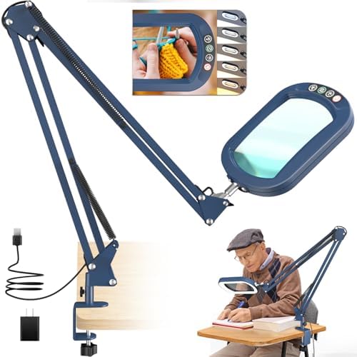 16" Extra Long Magnifying Glass with Light and Clamp, Real Glass, 5 Color Modes, Stepless Dimmable, Lighted Magnifier with Stand Hands Free, LED Swing Arm Desk Lamp for Close Work, Craft, Blue