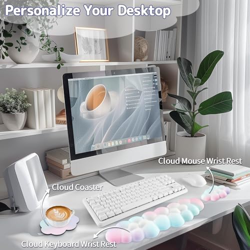 Sushret Cloud Wrist Rest Keyboard, Cloud Keyboard Wrist Pad Set with PU Leather Memory Foam, Cute Arm Rest for Palm Support, PC/Gaming Desk Accessories/Office Setup/Computer Hand Cushion - Rainbow