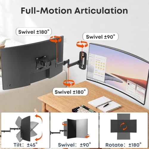 Long Arm Monitor Wall Mount up to 32 Inch, Heavy Duty 3-Section Steel Arm