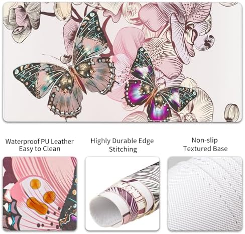 QiyI PU Leather Desk Mat Set, 4-in-1 Ergonomic Wrist Rest, Butterflies