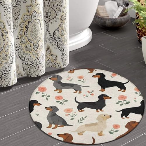 Large Machine Washable Circular Rugs, Home Decor Round Mat for Living Room Sofa Office Cute Dachshund Floral