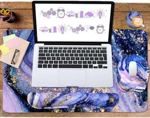 Keyboard Wrist Rest Large Mouse Pad Wrist Support for Computer, 4 in 1 Memory Foam Keyboard Pad Desk Mat Ergonomic Hand Rest Wrist Cushion for Home Office Gaming-Purple Marble