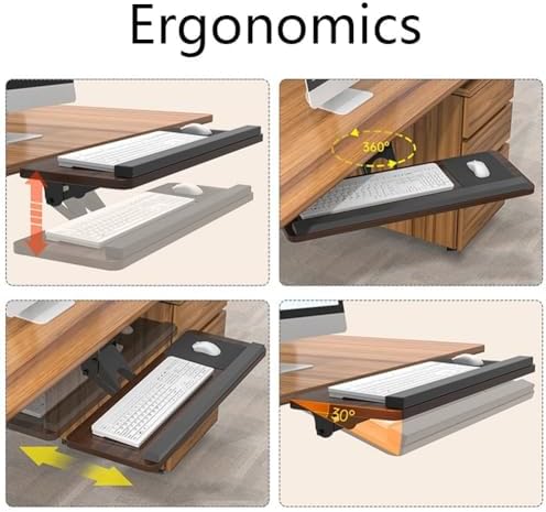 Under Desk Adjustable Keyboard Tray, Slide-Out Keyboard Platform, 360° Swivel, Pull Out and Tilt Computer Keyboard and Mouse Holder, Office Ergonomic Keyboard Drawer(Brown,24x64cm/9.4x25.2in)