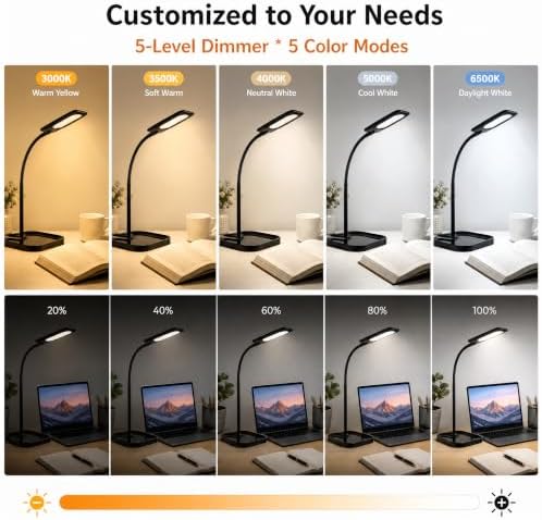 Black LED Desk Lamp for Home Office Dorm,Eye-Caring,Gooseneck,Flicker-Free