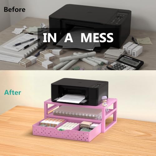 WALI Desk Organizer with Drawer，Computer Monitor Stand with Storage, Desk Organizers and Accessories for Computer, Printer, Laptop Riser for Home Office Supplies, (PTT005-P), 1 Pack, Pink