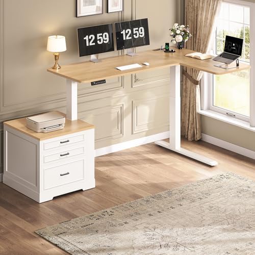 SEDETA Farmhouse L Shaped Electric Standing Desk, 70.9" x 39.4" Height Adjustable Office Executive Desk with 3 Drawers, Standing Computer Desks with Power Outlet for Home Office, Oak