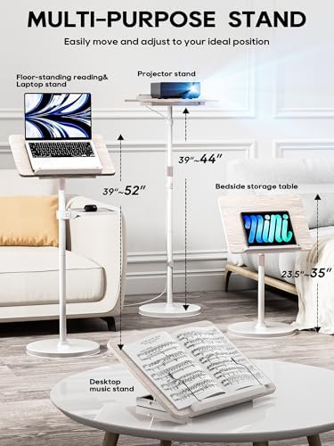 2 in 1 Adjustable Book Stand - Dual-Use Floor and Desktop Book Holder Stand, Height Adjustable 23.5-52 in, Elastic Page Clips for Music Sheet, Recipe, Tablet, Laptop-White