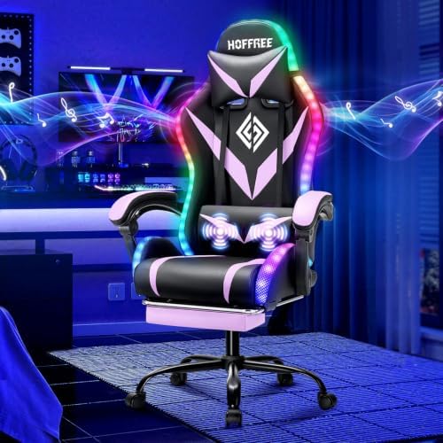 HOFFREE LED Gaming Chair with Speakers RGB Lights Computer Chairs-Purple