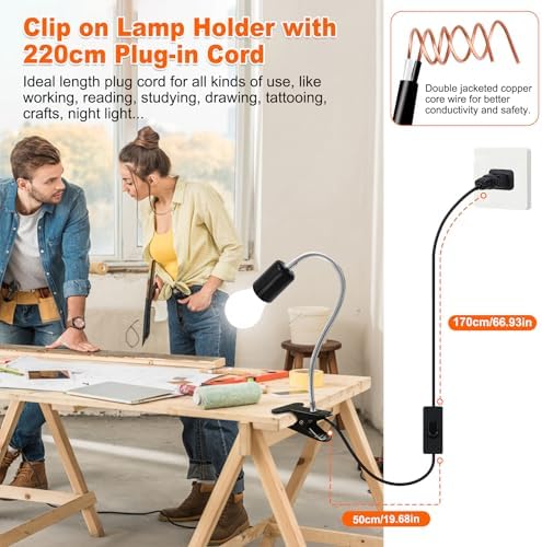 Clip-on E26/E27 Clamp Light Socket with 220 CM Cable, 360 Rotatable Flexible Desk Lamp, 9MM & 350MM Thickened Lengthened Gooseneck, Metal Base, for Bedside