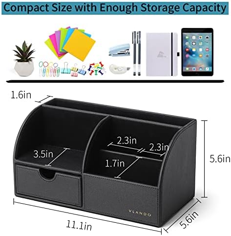 VLANDO Desk Organizer with Drawer, Leather Office Storage Caddy, Black