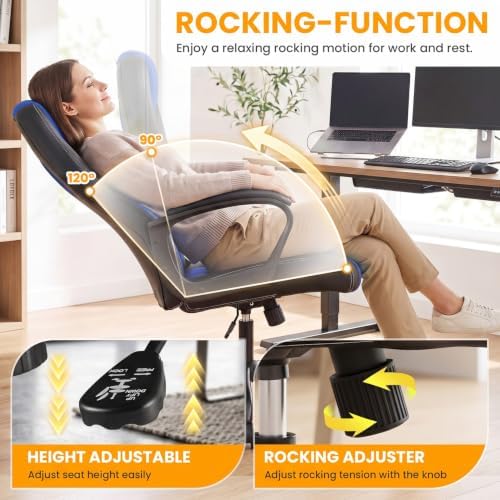 Ergonomic Office Chair Cheap Desk Chair PC Gaming Chair Rolling PU Leather Swivel Chair Executive Computer Chair Lumbar Support for Women, Men(Blue)