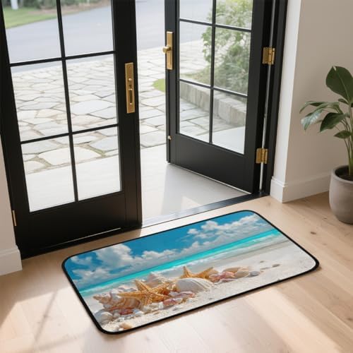 Summer Ocean Beach Starfish Door Mat Kitchen Mats, Indoor Outdoor Rugs, Cushioned Anti Fatigue Absorbent Kitchen Rug, Non-Slip Standing Desk Mat, Front Door Rug for Floor, Bathroom, Sink, 20"×39"