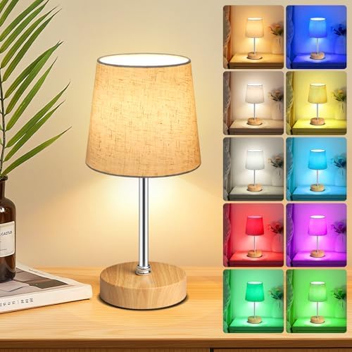 Wowag Small Cordless Table Lamp,5000mAh Rechargeable Battery Operated Desk Lamp,3 Colors & 7 RGB Stepless Dimmable, Portable Touch Bedside Night Light for Patio Restaurant Home,Wood Base,Flaxen Shade