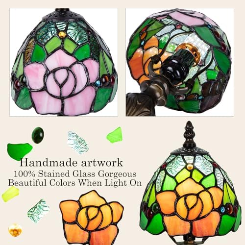 Small Tiffany Table Lamp, 3 Color-Temperature Roses Stained Glass Lamp,6 Inch Tiffany Style Lamp for Bedroom Living Room Home, Handcrafted Light, Included Bulb (Yellow)