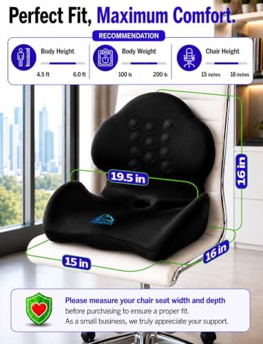 Ergonomic Memory Foam Seat Cushion for Office Chair, Car Seat, Dining, Gaming Chair & Wheelchair | Sciatica, Tailbone & Coccyx Pain and Pressure Relief | Lumbar & Lower Back Support Pillow One Piece