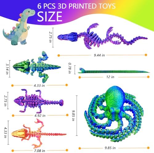 6pcs 3D Printed Dinosaur Skeletons,Octopus,Snake Flexible，Articulated T-Rex Fidget Toys,Large,3D Printed Animals,Desk Toy，Easter Eggs Basket Stuffers,Toys for Boys Kids Teen Girl 4-6 8-12