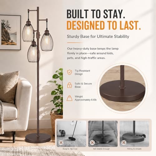 Nintiue Dimmable Floor Lamp,3x800LM LED Bulbs Included, Farmhouse Industrial Floor Lamp Standing Tree Lamp with Teardrop Cage Head Tall Lamp for Living Room Bedroom Office Dining Room - Matte Brown