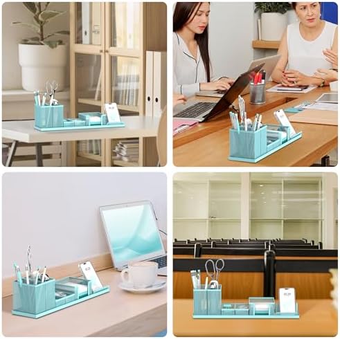 Pen Holder for Desk, 6-Piece Mesh Desk Organizer with Phone Holder, Blue
