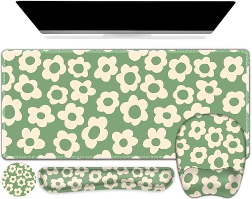Large Mouse Pad with Wrist Support 4in1 Set, XXL Game Mousepad +Keyboard Wrist Rest+Mouse Wrist Rest+Coaster Ergonomic Design Gaming Mat for Home Office Table Computer I Vintage Groovy Flowers