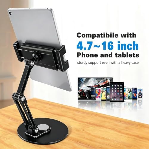 Bimo 360° Rotatable Aluminum Tablet Stand, Foldable Multi-Angle Desk Holder for 4.7-16 Inch iPad, Portable Monitor, Kindle, Switch, for Home Office Desk Work & Entertainment.