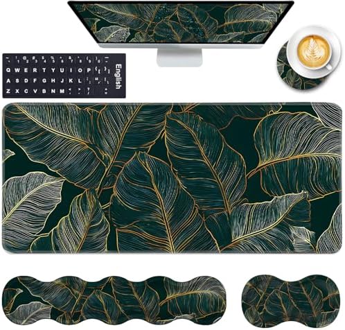 Keyboard Wrist Rest and Mouse Pad with Wrist Support Set Ergonomic Coaster,Memory Foam,Easy Typing Pain Relief,Large XL Desk Mat 31.5"x 11.8",Tropical Leaves