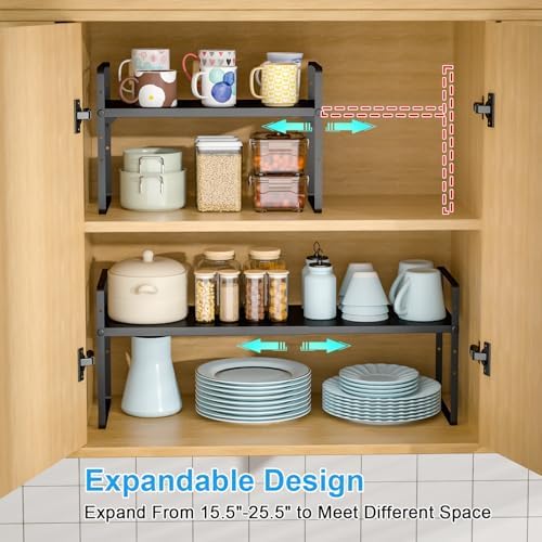 X-cosrack 25.5 Inches 2 Pack Expandable Cabinet Shelves, Stackable Shelf Organizer for Kitchen Cabinet Countertop Storage, Adjustable Counter Cupboard Pantry Organizer Shelf Rack Stand Riser, Black