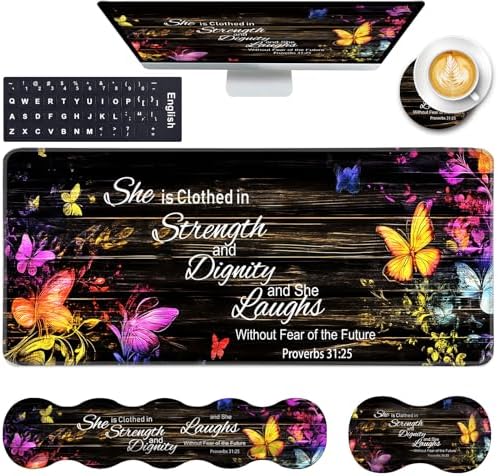 Keyboard Wrist Rest and Mouse Pad with Wrist Support Set Ergonomic Coaster,Memory Foam,Easy Typing Pain Relief,Large XL Desk Mat 31.5"x 11.8",Floral Butterfly Bible Verse Proverbs 31-25