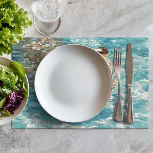 Batmerry Cute Tiger in Water Blue Placemats, Swimming Washable Linen Table Mats for Kitchen Table Double Insulation Decor Dining Set Indoor Outdoor 12X18 in Set of 8