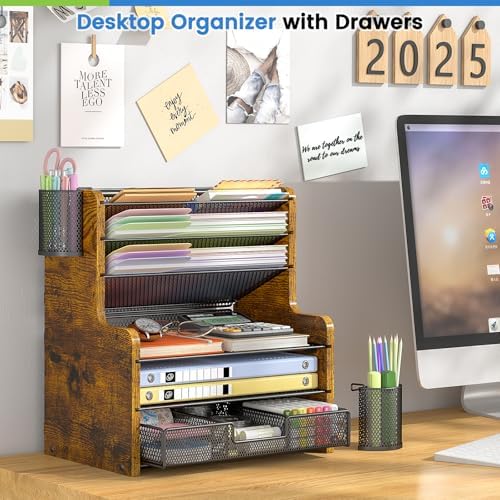 DAOUTIME 6-Tier Mesh Desk Organizer with Drawer, Wooden Office Organizer for Papers, Folders & Office Supplies - Sturdy Desktop File Holder with 2 Pen Holders - Space Saving Home Office Accessories