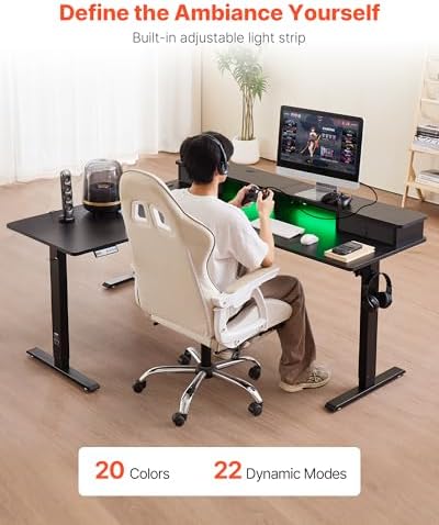 VEVOR L Shaped Electric Standing Desk with 2 Drawers, 63 x 55 inch Adjustable Height Corner Desk with Storage, Sit Stand up Computer Table with Light Strips for Office Home, Easy to Assemble, Black