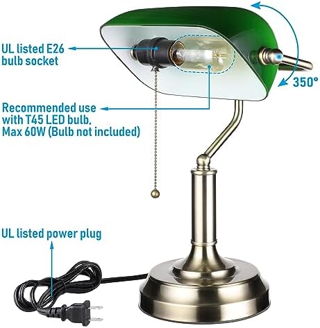 TORCHSTAR Green Glass Bankers Desk Lamp with Pull Chain, E26 Base