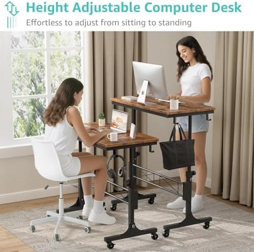Small Portable Rolling Standing Desk - 32 Inch Adjustable Height Mobile Stand Up Desks with Wheels for Treadmill Walking Pad, Teacher Podium for Classroom, Couch Sofa Side Laptop Table, Rustic Brown
