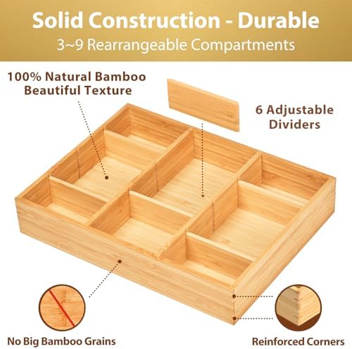 Umilife Bamboo Desk Drawer Organizer, Wood Junk Organizer Tray with Adjustable Dividers, Anti-Skip Storage Organization in Office Bathroom Drawer for Vanity, Makeup, 12" x 9"