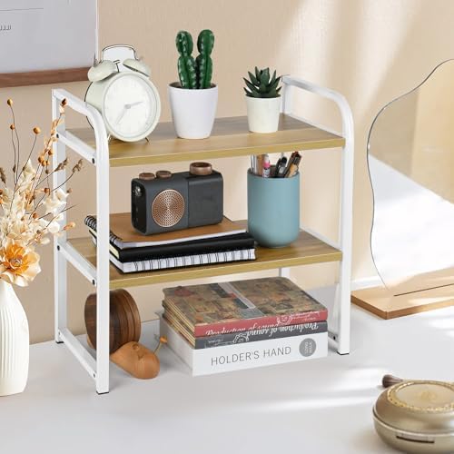 Desktop Shelf Organizer Office Desk Shelf for Top of Desk Wood & Metal Bookshelf Supplies Storage Rack (White&Walnut)