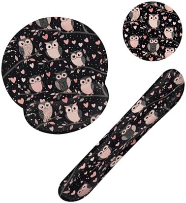 Cute Owl Pink Heart Keyboard Wrist Rest Pad Mouse Pad Set,Ergonomic Mousepad Wrist Support Memory Foam Desk Pad for Gaming Office,Non-Slip Rubber Base Easy Typing for Home Office Computers