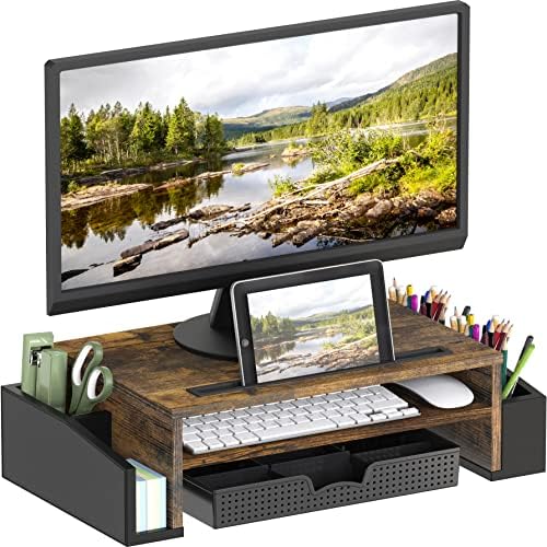 Simple Houseware Desk Monitor Stand Riser w/ Adjustable Tray, Rustic Brown