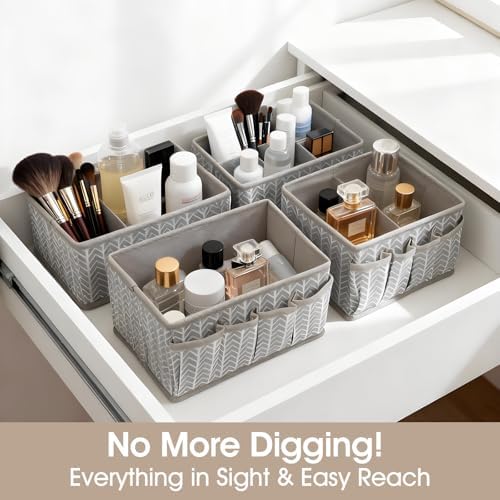 Cosmetic Storage Bins Makeup Organizer, Adjustable Multifunction Storage Box Desk Drawer Divider for Makeup Brushes, Bathroom Countertop or Dresser, Set of 4 (Grey)